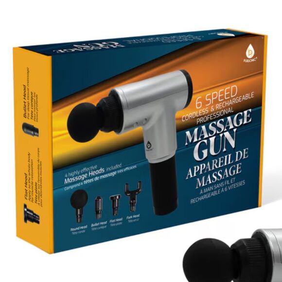Pursonic 6-Speed Cordless Massage Gun with Attachments in Silver/Black. NIB! - Picture 2 of 9